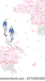 Cherry blossoms tree and student walking on white background vector illustration of a man and a woman graduating and entering school vector illustration of people