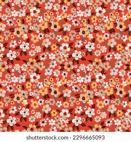 Cherry blossoms with white, orange and green flowers and gray and brown leaves on a red background, sakura tree, seamless watercolor pattern. Vector illustration, ready to print.