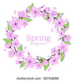 Cherry Blossoms Wreath with Green Leaves.Spring Greetings Background