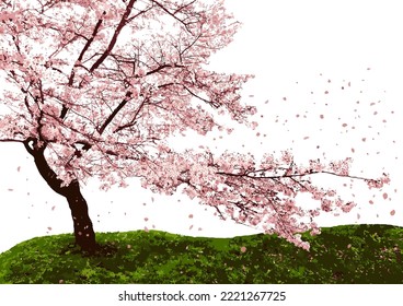 Cherry blossoms_1_falling in the wind_Japanese beautiful sprig flower_graphic art of tree_EPS vector