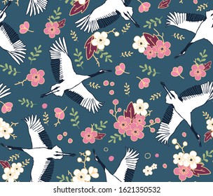 Cherry blossoms,Seamless pattern with crane, sakura and clouds. Hand drawn spring blossom trees. Vector illustration with cherry blossoms