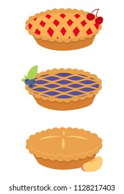 Cherry, blueberry, apple pies, isolated illustration on white background