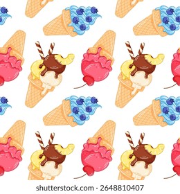 Cherry, blueberry, chocolate, pineapple ice cream cone seamless pattern with pink scoop in waffle cone in cartoon style. Perfect for dessert menu, summer sweet or food graphic design.