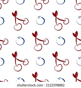 Cherry and blueberry vector seamless pattern illustration. Fruits background. Lineart hand drawn backdrop.