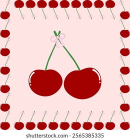 Cherry boarders, flames, posters. Handdrawn designs red cherries with bow ribbons, vector file