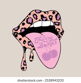 Cherry Bomb slogan and lips hand drawn design vector. 