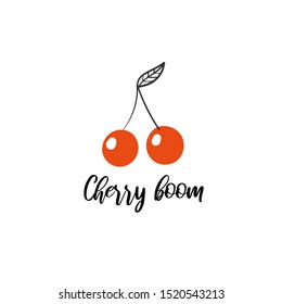 Cherry boom nursery, baby shower card, postcard, poster with red berry. Cute illustration for new born child, print for t-shirt