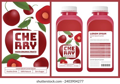 CHERRY. Flasche. Verpackung von frischen und saftigen Früchten mit Fruchtsaftflasche. Frisches ökologisches Produkt. Text mit Vektorgrafik realistische Früchte auf Datenbank. Vorlage für Ihr Produkt.
