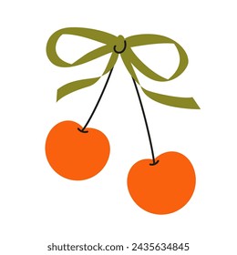 Cherry with bow in cartoon style. Cute trendy design. Vector funky illustration. Ballet-core, coquette-core background.  