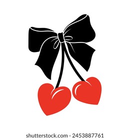 Cherry with bow in cartoon style. Cute trendy design. Vector funky illustration. Ballet-core, coquette-core print.