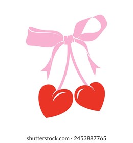 Cherry with bow in cartoon style. Cute trendy design. Vector funky illustration. Ballet-core, coquette-core print.