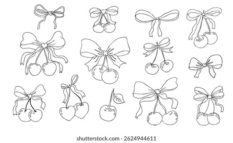 Cherry with bow coquette girly fruit, tie ribbon sketchy doodle drawing, y2k retro aesthetic. Whimsical cute cherry. 