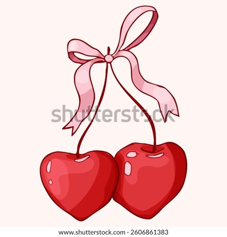Cherry with bow coquette girly fruit, tie ribbon sketchy doodle drawing, y2k retro aesthetic. Whimsical cute cherry. 