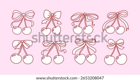 Cherry Bow Coquette Ribbon Vector Icons with Cute Heart Shapes and Girly Pink Drawing. Romantic Cherry Symbol for Vintage Valentine Print, Cartoon Doodle Set or Sweet Aesthetic Design.