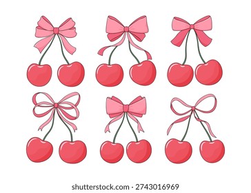 Cherry bow coquette vector set. Retro feminine design with ribbons and cute details. Trendy romantic aesthetic hand-drawn illustration. Trendy romantic aesthetic.