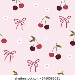 cherry  with bow and flower  seamless pattern , vector illustration