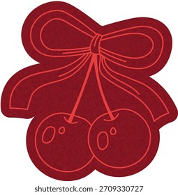 Cherry Bogen Papier Ausschnitt mit zwei Früchten und Band Linien in flachen Papercraft-Stil. Fruchtabzeichen Silhouette mit Knotenumriss und Aufkleber Kantenbehandlung. Cartoon, Vektorgrafik
