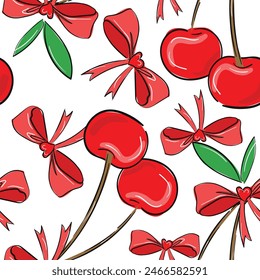 Cherry and bow pattern seamless, Hand Drawn cherry design print for textile and paper vector illustration