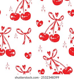 Cherry and bow pattern seamless, Hand Drawn cherry design print for textile and paper vector illustration