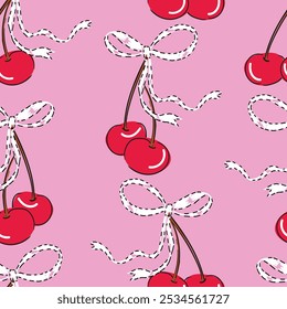 Patrón de cereza y arco sin costuras, impresión de diseño de cereza dibujada a mano para la Ilustración vectorial textil y de papel