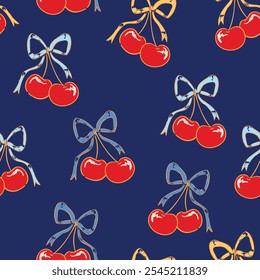 Cherry and bow pattern seamless, Hand Drawn cherry design print for textile and paper vector illustration