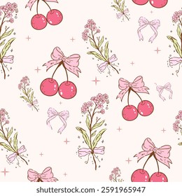 cherry with bow pattern seamless, vintage flowers, Vintage Retro Pink Seamless Pattern, Pink Vintage Coquette valentine seamless file, Retro Pink seamless file, Spring Retro coquette Digital wallpaper