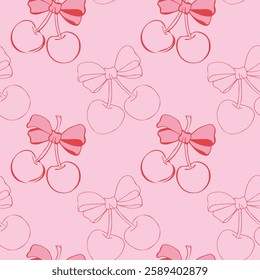 cherry with bow pattern. Trendy Seamless pattern red Cherries Hand drawn Illustration not Ai ,Seamless pattern EPS vector.Design for fashion ,fabric,textile,wallpaper,wrapping and all prints