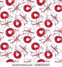 cherry with bow pattern.Trendy Seamless pattern red Cherries Hand drawn Illustration not Ai ,Design for fashion ,fabric,textile,wallpaper,wrapping and all prints