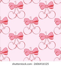 cherry with bow pattern.Trendy Valentine's Day Seamless pattern Sweet coquette and red Cherries Hand drawn Illustration not Ai ,Design for fashion,fabric,textile,wallpaper,wrapping and all prints
