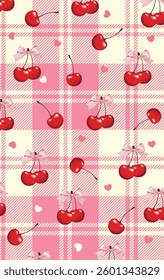 Cherry Bow, Plaid Heart Background, pink cherry wallpaper