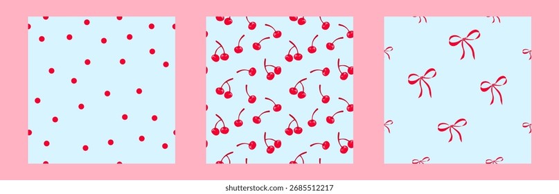 Conjunto de patrón de Vector sin costuras de cereza, lazo y lunares. Estilo retro rojo y azul lindo