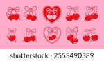 Cherry with bow. Retro coquette cherries with ribbon. Trendy red girly berry in decorative hearts. Romantic fruit decoration. Cherries for Valentines Day vector set.