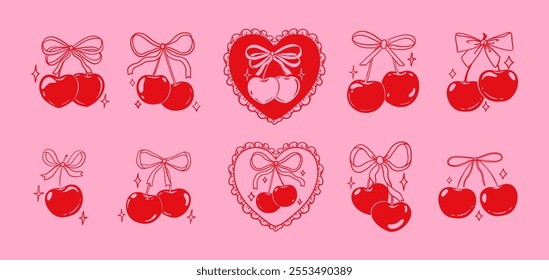 Cherry with bow. Retro coquette cherries with ribbon. Trendy red girly berry in decorative hearts. Romantic fruit decoration. Cherries for Valentines Day vector set.