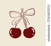 A cherry with a bow in a retro style. Berries on a beige background. Food illustration for menus, prints and other uses