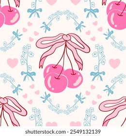 cherry with bow, vintage flowers, Vintage Retro Pink Seamless Pattern, Pink Vintage Coquette valentine seamless file, Retro Pink Santa Christmas seamless file, , Retro coquette Digital wallpaper