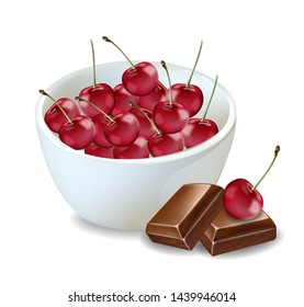 Cherry bowl and chocolate Vector realistic isolated on white