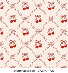 Cherry and a bows seamless pattern. Coquette ribbon frames with doodle cherries and bow, vintage whimsical border texture for fabric, wallpaper, prints, wrapping. Vector design.