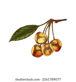 Cherry branch with berries and leaf color sketch. Hand drawn fresh ripe orange fruits. Summer garden food plant, juicy dessert, farm harvest. Vector floral illustration isolated