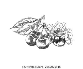 Cherry branch with berries, leaves and flower engraved sketch. Hand drawn fresh ripe fruit. Summer garden food plant, juicy dessert, farm harvest ink style. Outline vector floral illustration isolated