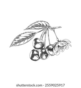 Cherry branch with berries, leaves and flower engraved sketch. Hand drawn fresh ripe fruit. Summer garden food plant, juicy dessert, farm harvest ink style. Outline vector floral illustration isolated