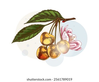 Cherry branch with berries, leaves and flower color sketch. Hand drawn fresh ripe fruit. Summer garden food plant, juicy dessert, farm harvest. Vector floral illustration isolated on circles