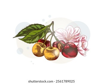 Cherry branch with berries, leaves and flower color sketch. Hand drawn fresh ripe red and yellow fruit. Summer garden food plant, juicy dessert, farm harvest. Vector floral illustration on circles