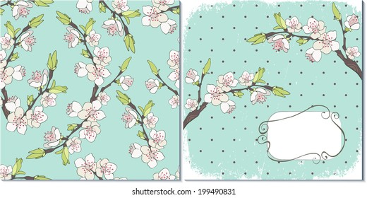 Cherry branch in blossom. Set of two vector backgrounds.