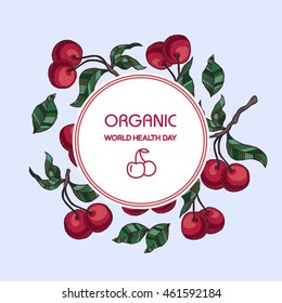 Cherry branch with cherries and leaves background