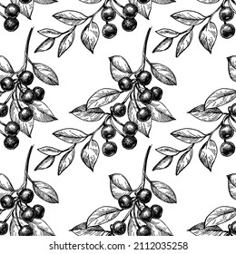 Cherry branch with fruits. Seamless pattern. Ink sketch. Hand drawn vector illustration. Retro style.