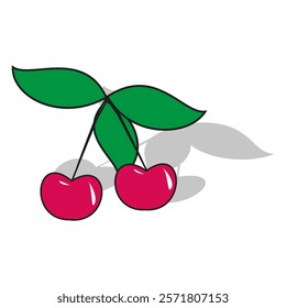 Cherry branch illustration. Red cherries with leaves. Green foliage and fruits. Minimal nature symbol. EPS 10.
