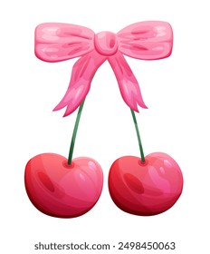 Cherry branch with pink vintage bow. Vector illustration