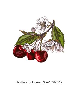 Cherry branch with red berries, leaves and flowers sketch. Hand drawn fresh ripe fruit. Summer garden food bloom plant, juicy dessert, farm harvest. Vector floral color illustration isolated