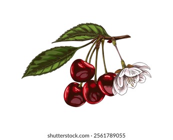 Cherry branch with red berries, leaves and flower sketch. Hand drawn fresh ripe fruit. Summer garden food bloom plant, juicy dessert, farm harvest. Vector floral color illustration isolated