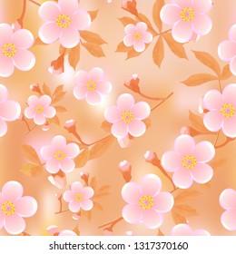 Cherry branches blooming in misty haze on peach abstract background. Sakura flowers seamless texture. Vector